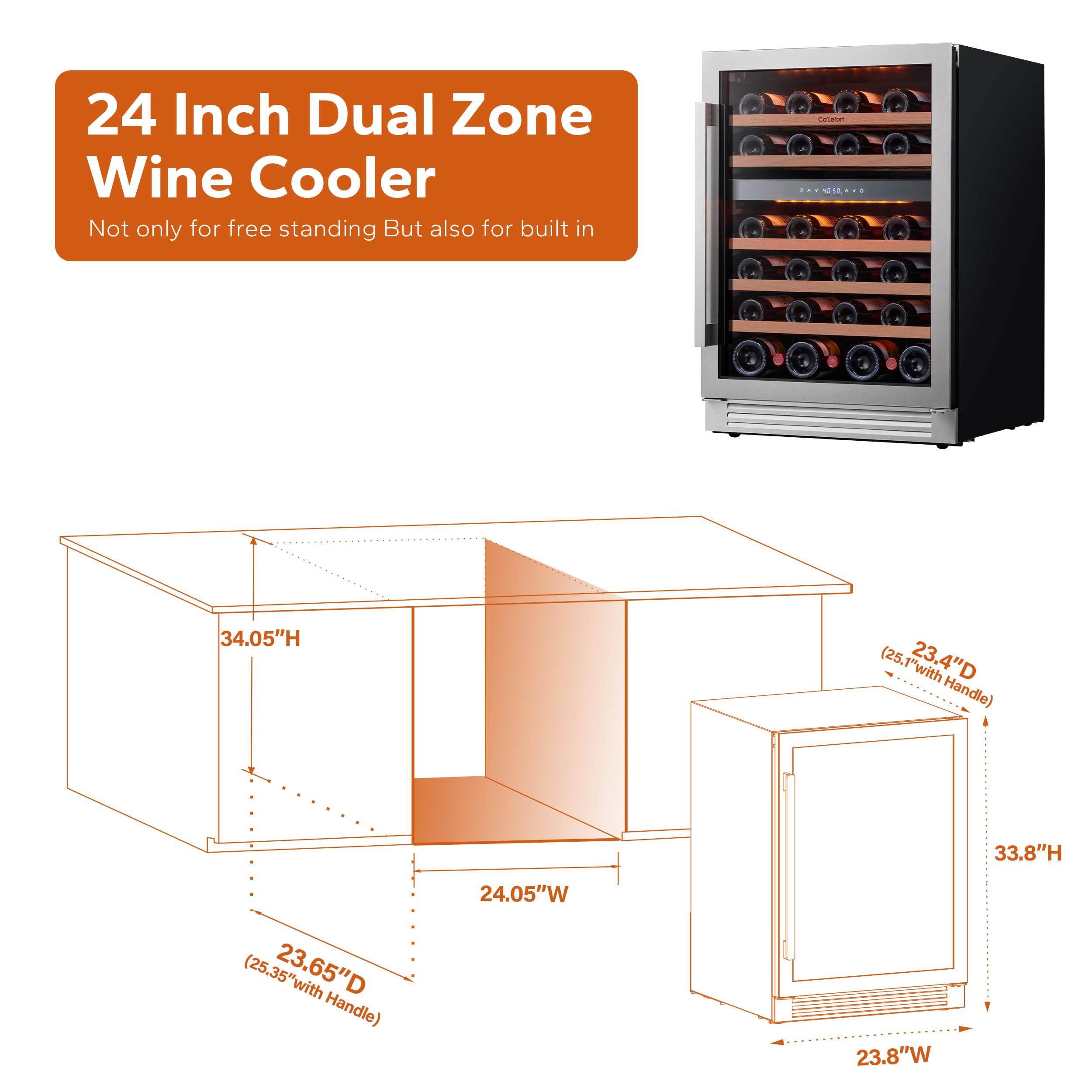 Ca'Lefort 24'' Wine Cooler Refrigerator - 46 Bottle Wine Fridge Dual Zone with Modern Touch Intelligent Digital 40°-65°F Low Noise, Built in or Freestanding Wine Cooler for Home and Kitchen