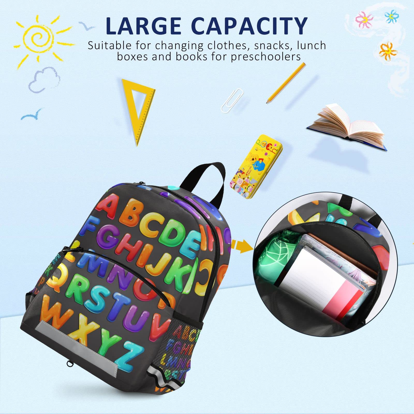 Glaphy Colorful Alphabet Kids Backpack for Boys Girls, Kindergarten Elementary Toddler Backpack with Reflective Stripes, Preschool Bookbag with Chest Strap