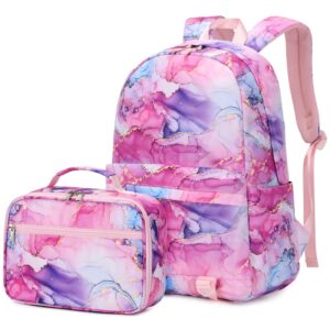 yusstar kids girls backpack lunch box set elementary school bag insulated lunchbox combo (tie-dye rose)