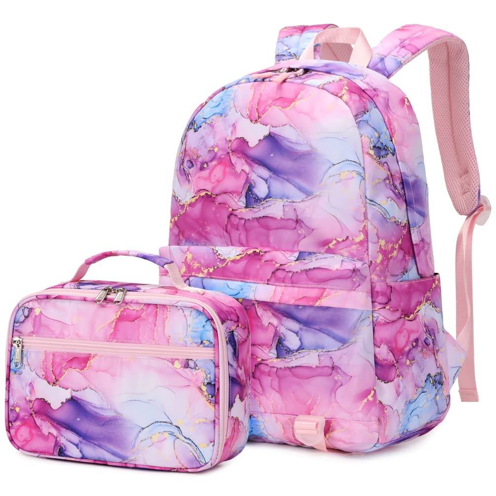 YUSSTAR Kids Girls Backpack Lunch Box Set Elementary School Bag Insulated Lunchbox Combo (Tie-dye Rose)