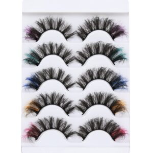 Focipeysa Colored Lashes Fluffy Mink Eyelashes Pink End 8D Dramatic Wispy Lashes C Curl 5 Color Mixed False Eyelashes Eye (Pink Orange Purple Green Blue)