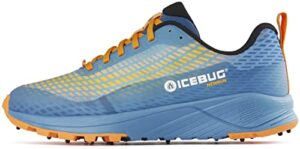 icebug womens newrun bugrip trail running shoe with carbide studded traction sole, mist blue/orange, l09.0