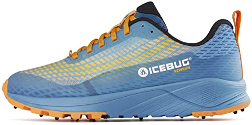 Icebug Womens NewRun BUGrip Trail Running Shoe with Carbide Studded Traction Sole, Mist Blue/Orange, L09.0