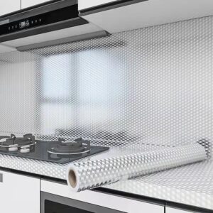 Kitchen Waterproof Oil Proof Aluminum Foil Sticker, Silver Chequer Peel and Stick Wallpaper Removable and Self Adhesive Paper for Kitchen Countertops Desk Cabinet (15.7"x118", Silver Chequer)