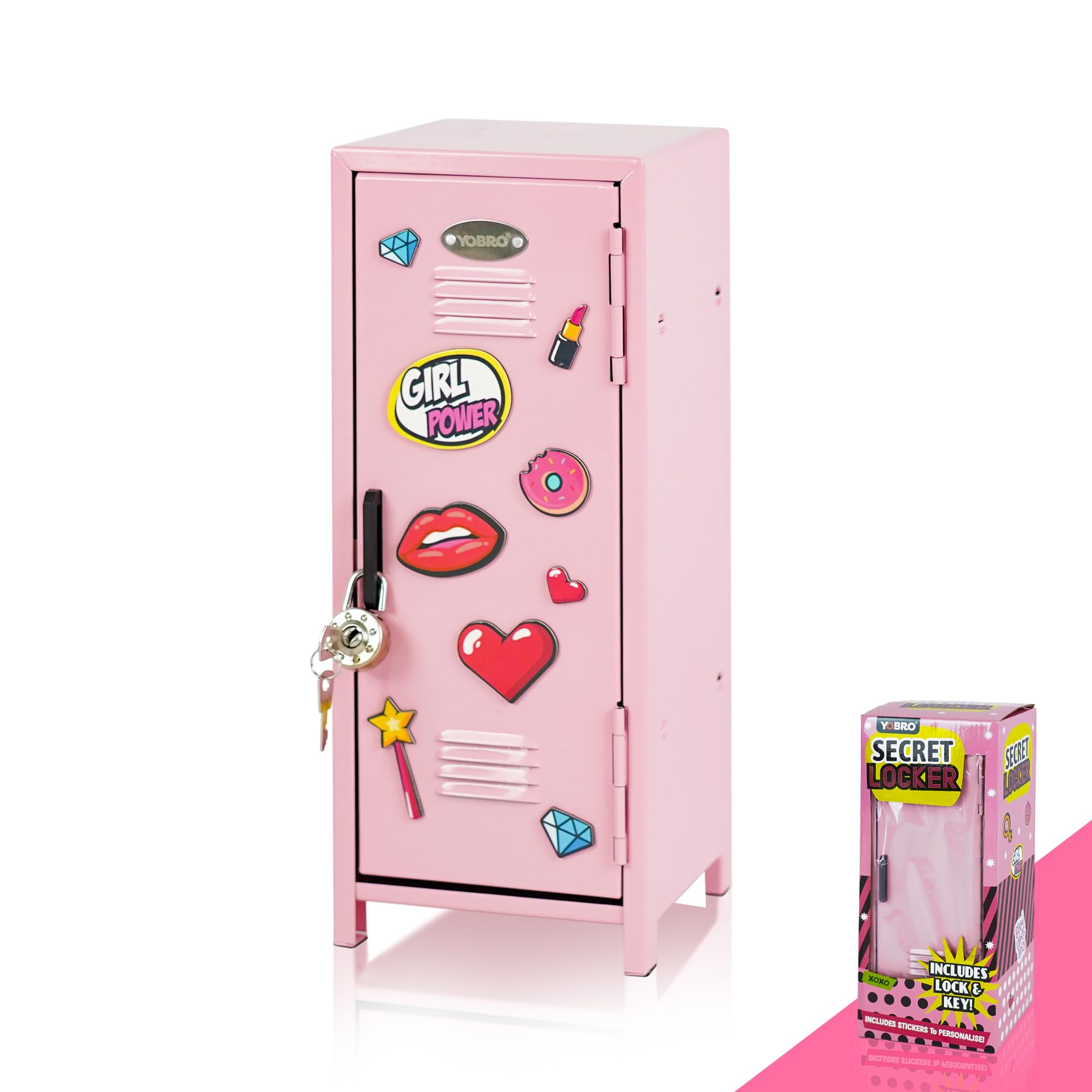 YOBRO Mini Iron Lockers, Girl Talk Locker with Lock,Small Safe Box Locker for Money, Miniature Storage Locker for Desk Bedroom Home Office School, Metal Little Locker Gift for Girls, Pink