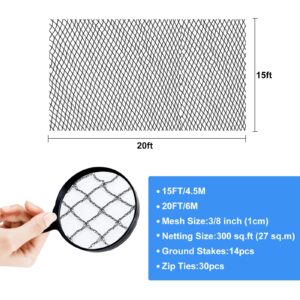 Pond Netting, 15 x 20 FT Pond Net Heavy Duty Pond Netting for Koi Ponds, Garden Pool Fine Mesh Netting Kit for Leaves, Protects Koi Fish from Birds Cats Predators, with 14 Stakes and 30 Cable Zip Ties