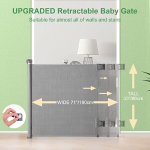 Retractable Baby Gate, Extra Wide Safety Kids or Pets Gate, 33” Tall, Extends to 71” Wide, Mesh Safety Dog Gate for Stairs, Indoor, Outdoor, Doorways, Hallways(33”x71”- Grey)