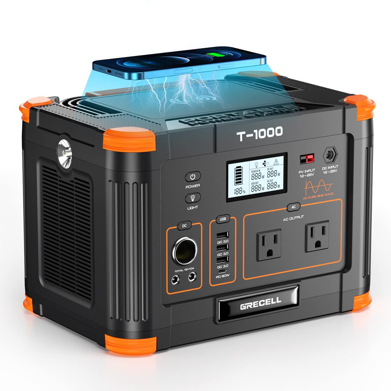 Portable Power Station 1000W (Peak 2000W), GRECELL 999Wh Solar Generator with 60W USB-C PD Output, 110V Pure Sine Wave AC Outlet Backup Lithium Battery for Outdoors Camping Travel Hunting Home