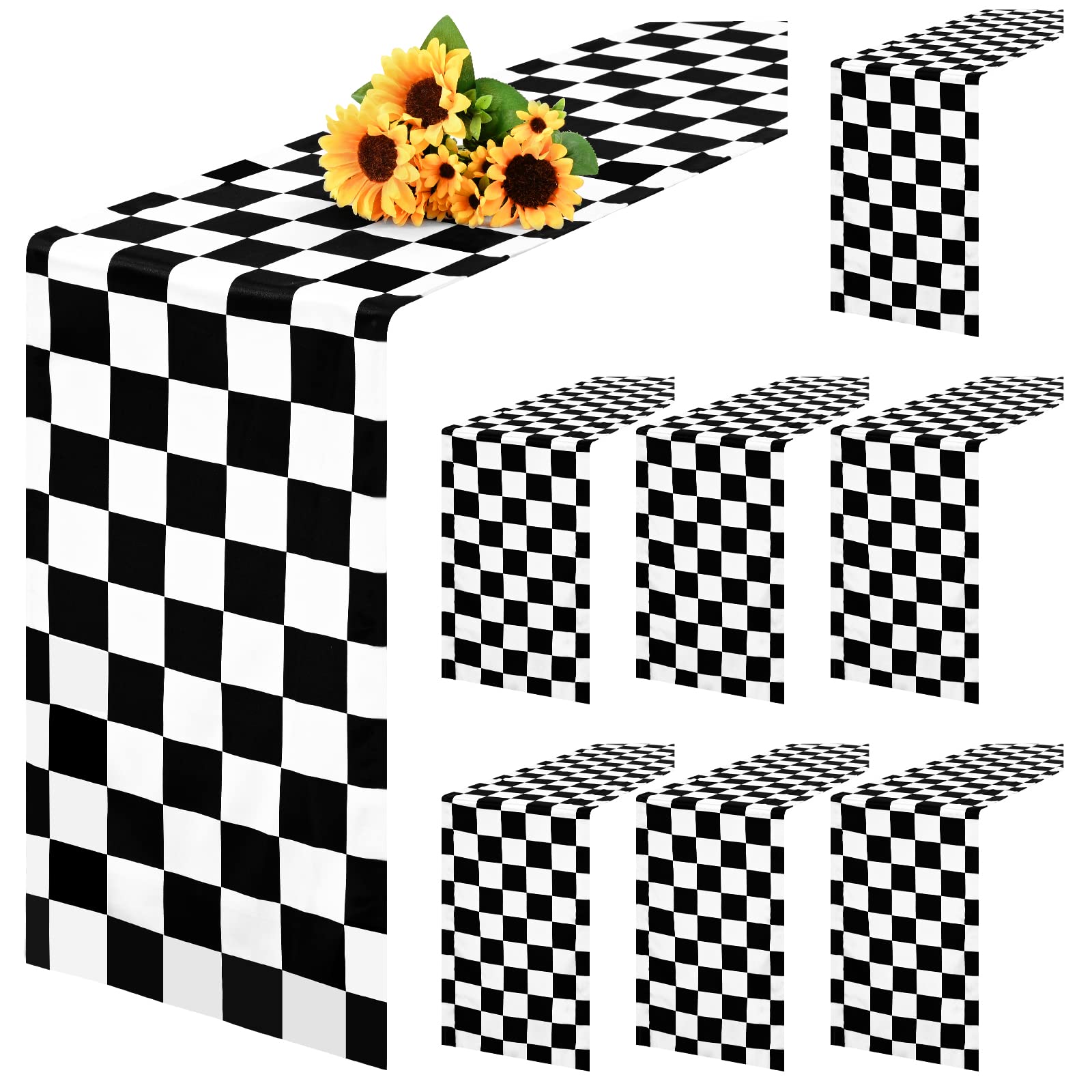 8 Packs Checkered Table Runner Polyester Classic Black and White Checkerboard Racing Road Theme Tablecloth for Indoor Outdoor Events, Wedding, Birthday Parties, Banquets and Celebrations (12 x 72 Inch