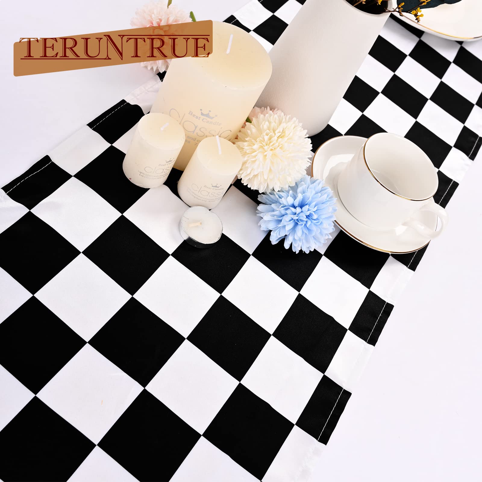 8 Packs Checkered Table Runner Polyester Classic Black and White Checkerboard Racing Road Theme Tablecloth for Indoor Outdoor Events, Wedding, Birthday Parties, Banquets and Celebrations (12 x 72 Inch