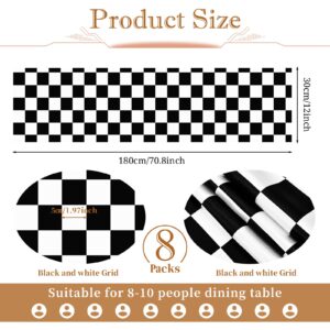 8 Packs Checkered Table Runner Polyester Classic Black and White Checkerboard Racing Road Theme Tablecloth for Indoor Outdoor Events, Wedding, Birthday Parties, Banquets and Celebrations (12 x 72 Inch