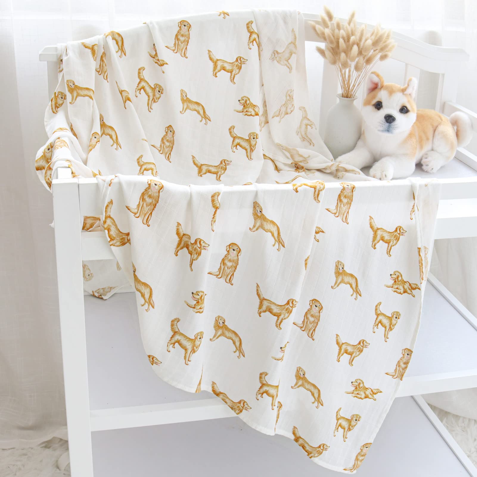 LifeTree Baby Swaddle Blankets Dog, 70% Viscose from Bamboo and 30% Cotton Muslin Swaddle Blankets Boys Girls Swaddling Blanket Neutral for Newborn, Soft Large 47" x 47", Golden Retriever Dog