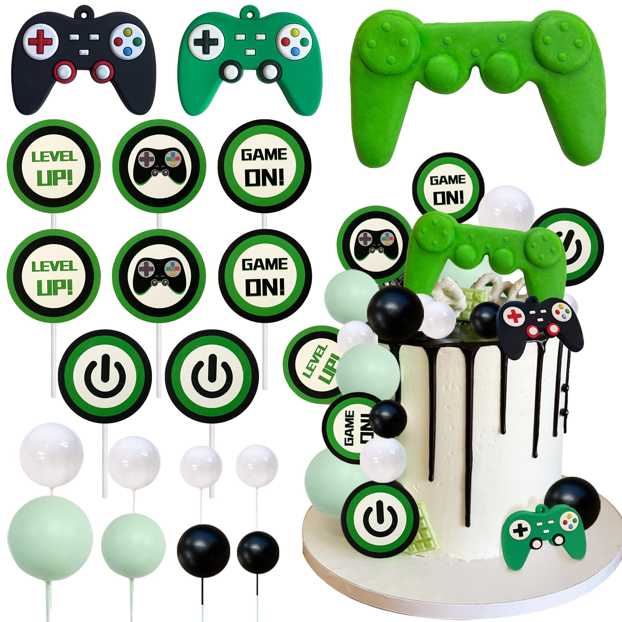 19PCS Video Game Themes Cake Toppers Game Controllers Cake Decorations Gaming Party Decoration for Man Or Gaming Party Cake Decoration (Green)