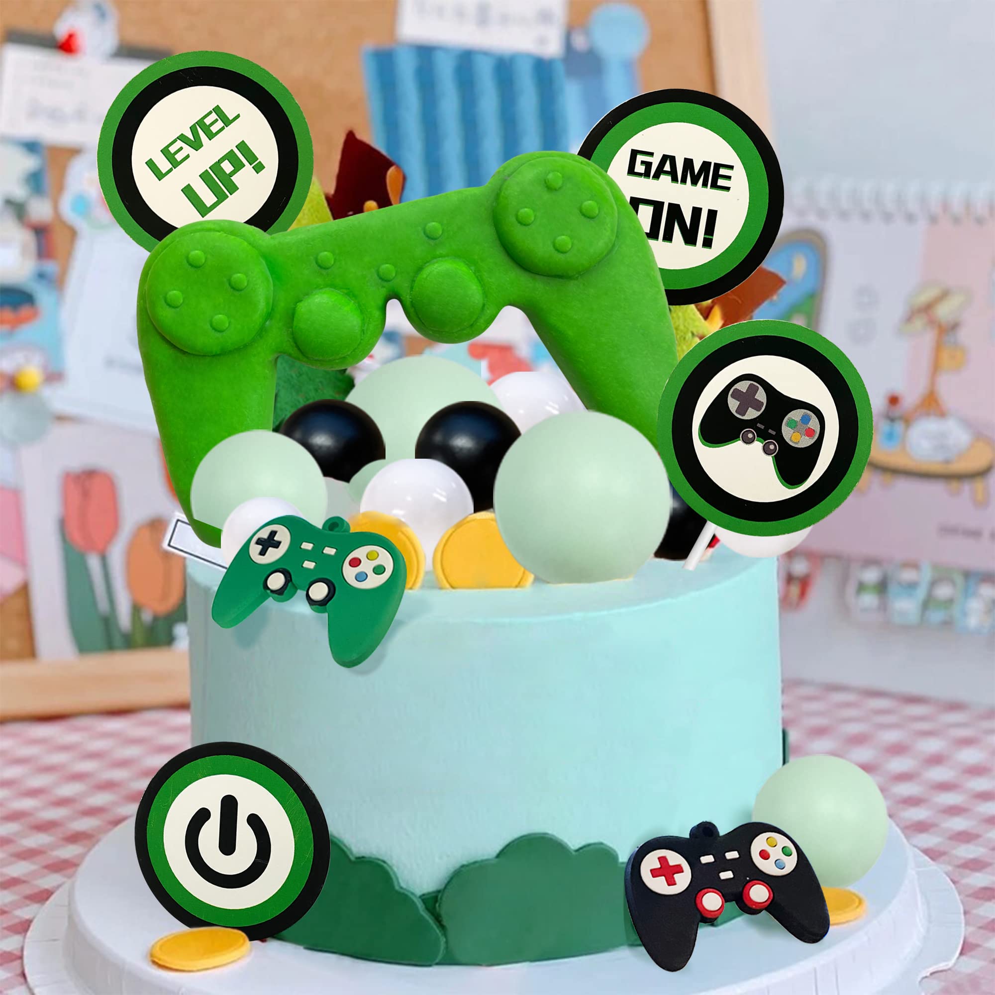 19PCS Video Game Themes Cake Toppers Game Controllers Cake Decorations Gaming Party Decoration for Man Or Gaming Party Cake Decoration (Green)