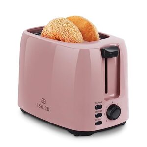 isiler 2 slice toaster, 1.3 inches wide slot bagel toaster with 7 shade settings and double side baking, compact bread toaster with removable crumb tray, defrost cancel function pink