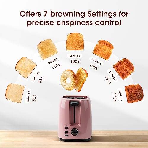 iSiLER 2 Slice Toaster, 1.3 Inches Wide Slot Bagel Toaster with 7 Shade Settings and Double Side Baking, Compact Bread Toaster with Removable Crumb Tray, Defrost Cancel Function Pink