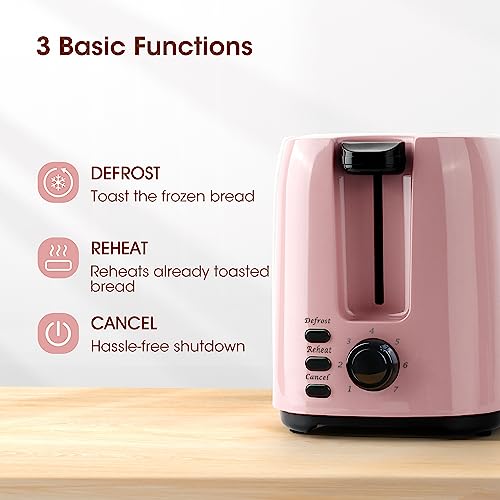 iSiLER 2 Slice Toaster, 1.3 Inches Wide Slot Bagel Toaster with 7 Shade Settings and Double Side Baking, Compact Bread Toaster with Removable Crumb Tray, Defrost Cancel Function Pink