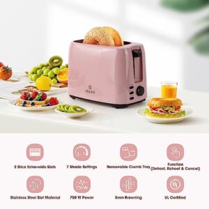 iSiLER 2 Slice Toaster, 1.3 Inches Wide Slot Bagel Toaster with 7 Shade Settings and Double Side Baking, Compact Bread Toaster with Removable Crumb Tray, Defrost Cancel Function Pink