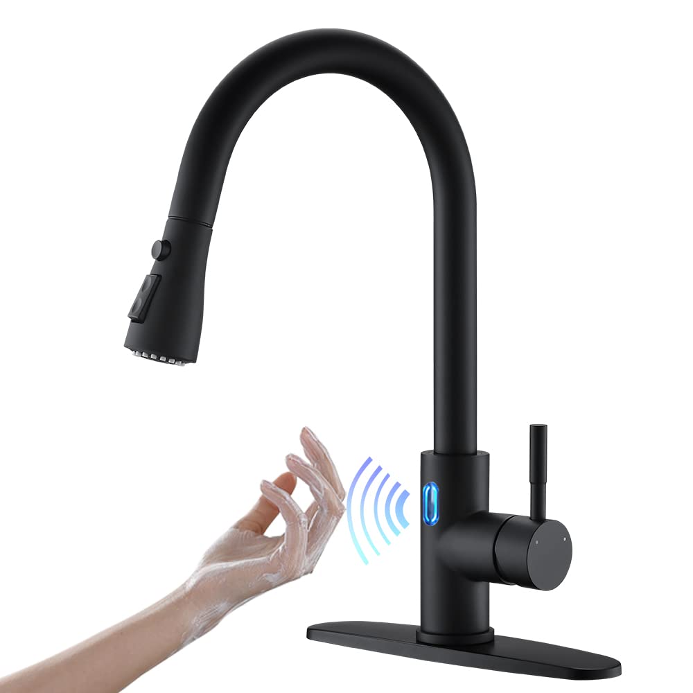 OWOFAN Touchless Kitchen Faucet with Pull Down Sprayer LED Light Single Handle Kitchen Sink Faucet Motion Sensor Smart Hands-Free, Stainless Steel Black 1072R