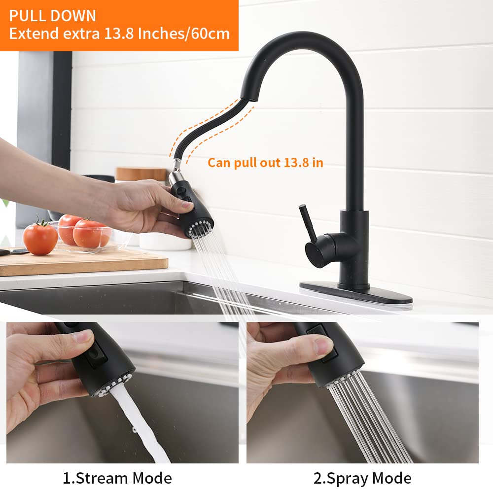 OWOFAN Touchless Kitchen Faucet with Pull Down Sprayer LED Light Single Handle Kitchen Sink Faucet Motion Sensor Smart Hands-Free, Stainless Steel Black 1072R