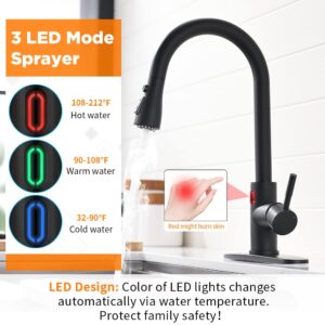 OWOFAN Touchless Kitchen Faucet with Pull Down Sprayer LED Light Single Handle Kitchen Sink Faucet Motion Sensor Smart Hands-Free, Stainless Steel Black 1072R