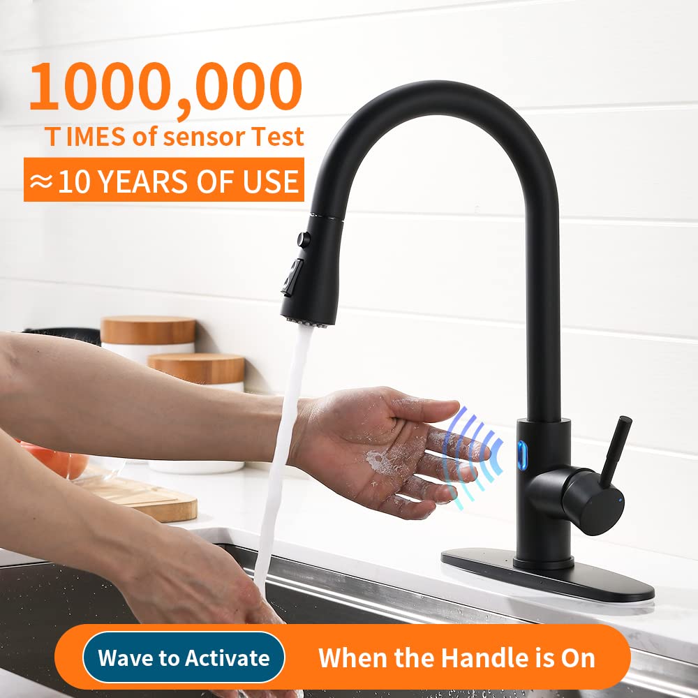 OWOFAN Touchless Kitchen Faucet with Pull Down Sprayer LED Light Single Handle Kitchen Sink Faucet Motion Sensor Smart Hands-Free, Stainless Steel Black 1072R