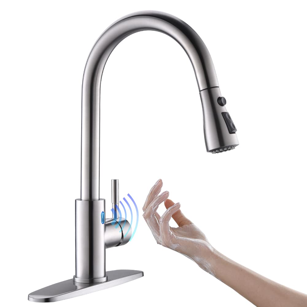OWOFAN Touchless Kitchen Faucet with Pull Down Sprayer LED Light Single Handle Kitchen Sink Faucet Motion Sensor Smart Hands-Free, Stainless Steel Brushed Nickel 1072SN
