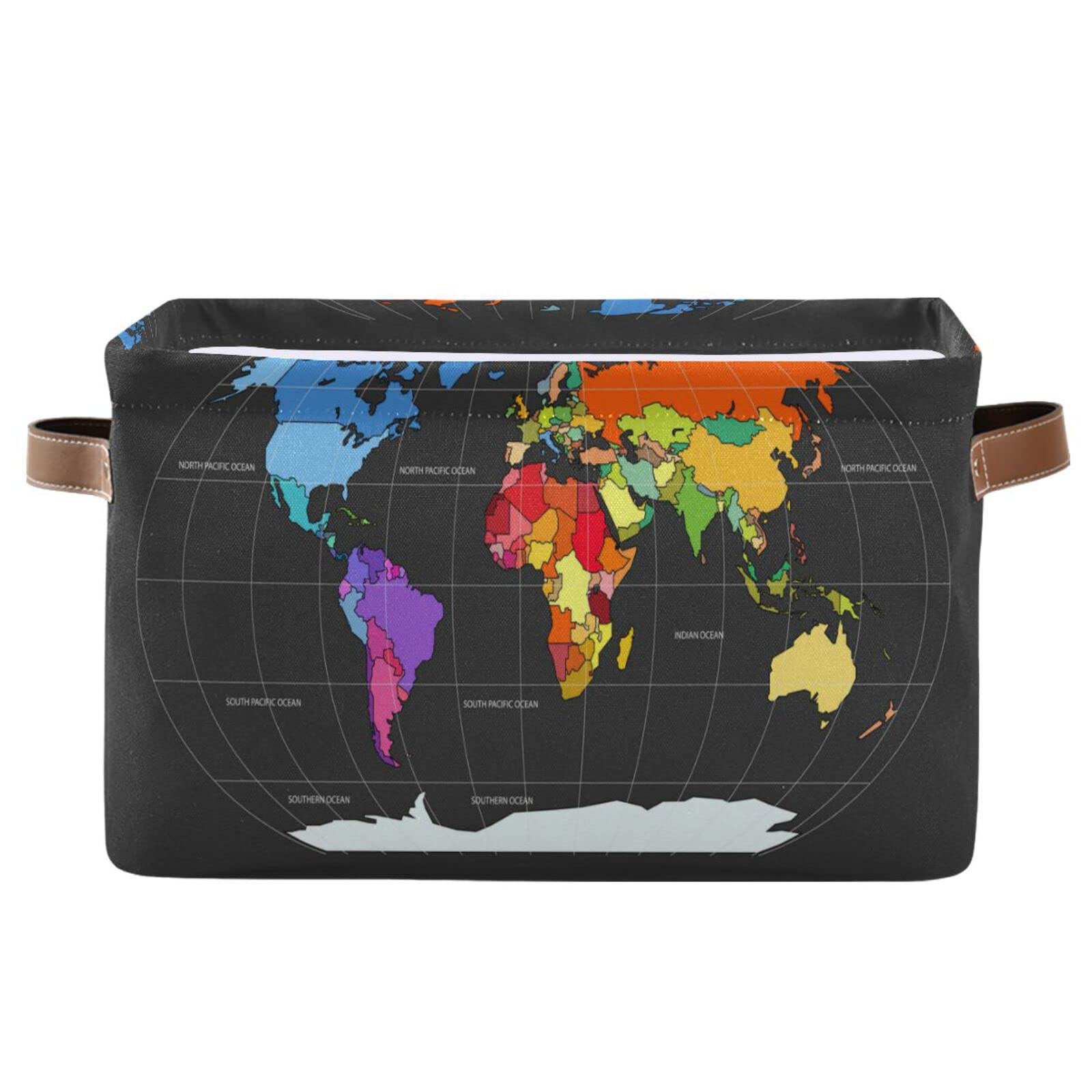 xigua World Map Storage Basket Storage Bin Organizer Basket, Foldable Rectangular Storage Box with Handles for Home Office