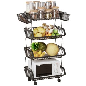 jiuyotree 4-tier fruit basket cart with wheels, metal wire fruit vegetable storage basket organizer with two free baskets for kitchen,pantry, garage, black