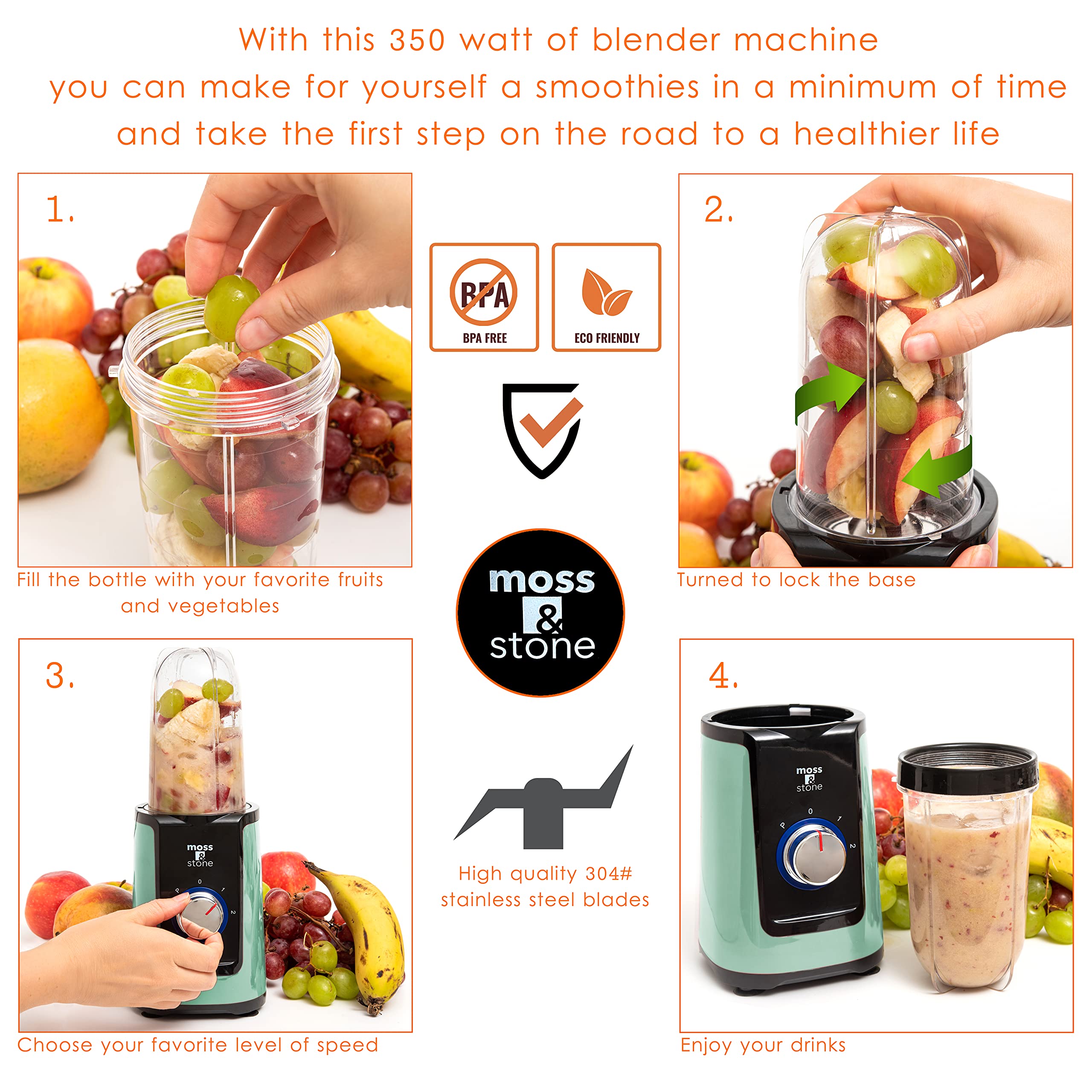 Moss & Stone 2 in 1 Personal Blender with Additional Blender Cups, Amazing Bullet Blenders For Making Smoothie, Mini Blender, Silver & Black Juice Blender & Smoothie Maker