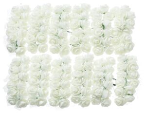gumolutin 144pcs mini fake roses artificial foam rose heads with wire rods diy wedding flowers accessories make bridal hair clips headbands dress,milk white
