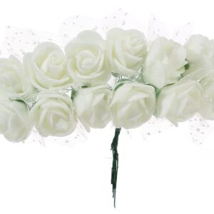 Gumolutin 144PCS Mini Fake Roses Artificial Foam Rose Heads with Wire Rods DIY Wedding Flowers Accessories Make Bridal Hair Clips Headbands Dress,Milk White