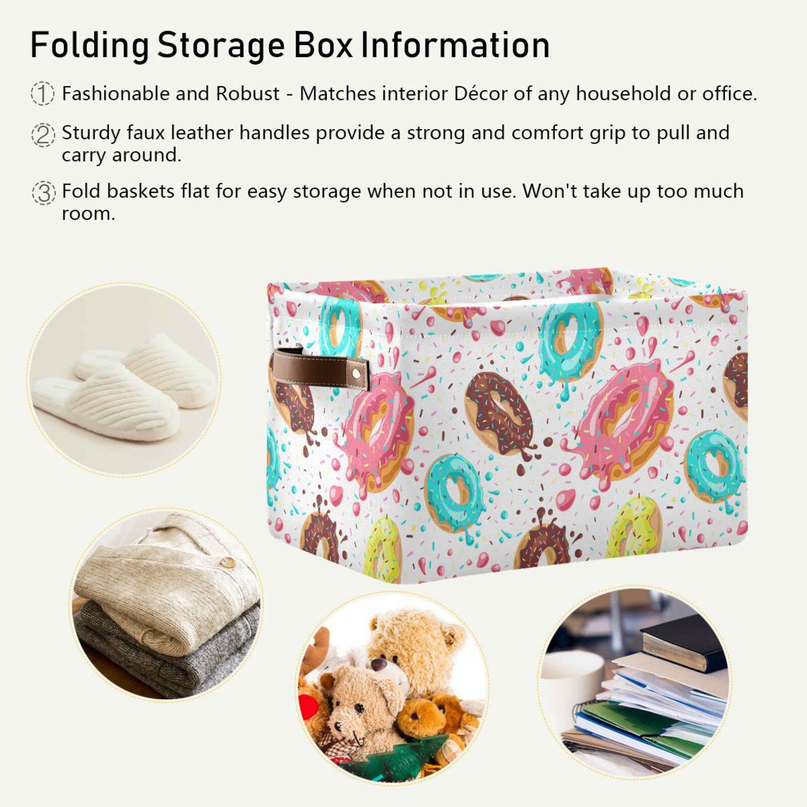 xigua Donut Storage Basket Storage Bin Organizer Basket, Foldable Rectangular Storage Box with Handles for Home Office