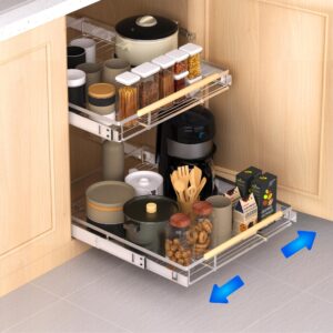 kikibro pull out drawer cabinet organizer, expandable slide out storage shelves for cabinets, under sink and wardrobe, opening size required 16.3"~26.3" 1 pack