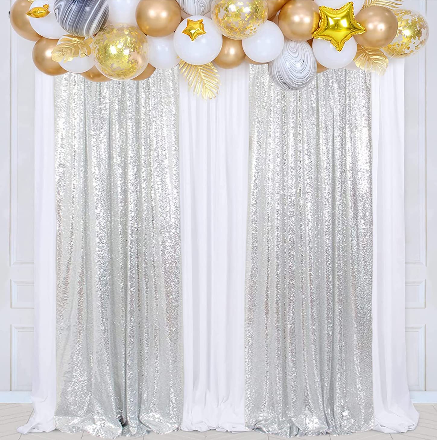 Poise3EHome Silver Sequin Backdrop Curtains, 2 Panels Silver Sequin Backdrop, 2FTx8FT Sequin Curtains for Party Wedding Sequence Backdrop