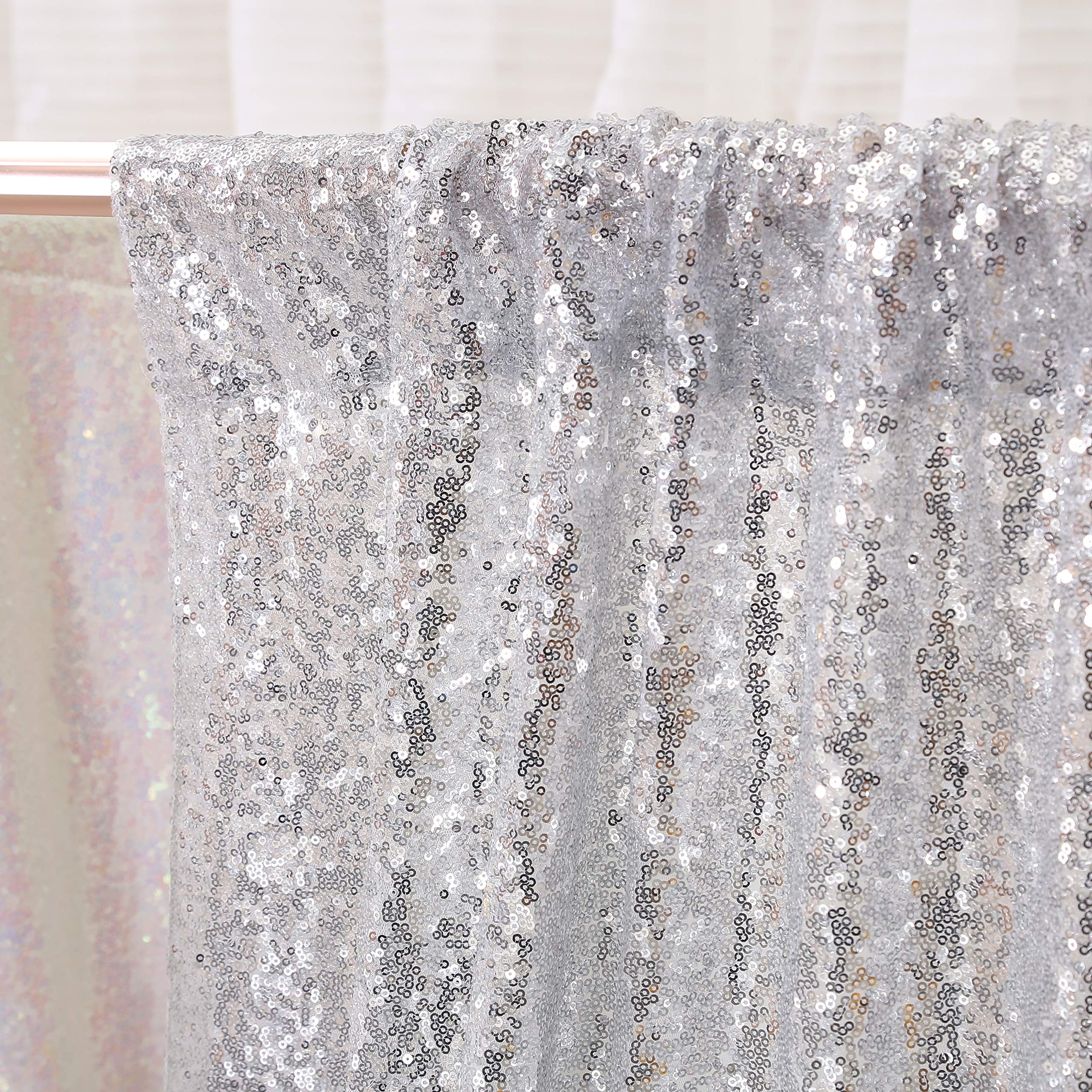 Poise3EHome Silver Sequin Backdrop Curtains, 2 Panels Silver Sequin Backdrop, 2FTx8FT Sequin Curtains for Party Wedding Sequence Backdrop