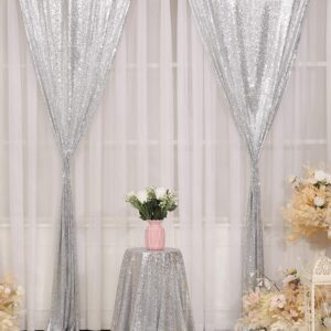 Poise3EHome Silver Sequin Backdrop Curtains, 2 Panels Silver Sequin Backdrop, 2FTx8FT Sequin Curtains for Party Wedding Sequence Backdrop