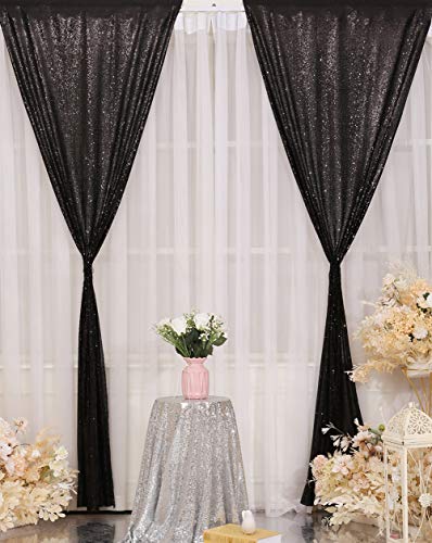 Poise3EHome Black Sequin Backdrop Curtains, 2 Panels Black Sequin Backdrop, 2FTx8FT Sequin Curtains for Party Halloween Christmas Sequence Backdrop