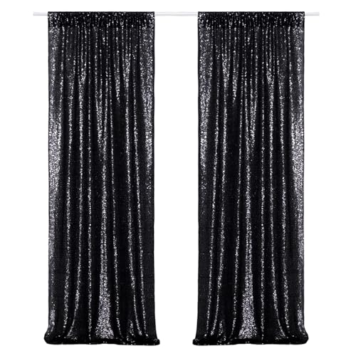 Poise3EHome Black Sequin Backdrop Curtains, 2 Panels Black Sequin Backdrop, 2FTx8FT Sequin Curtains for Party Halloween Christmas Sequence Backdrop