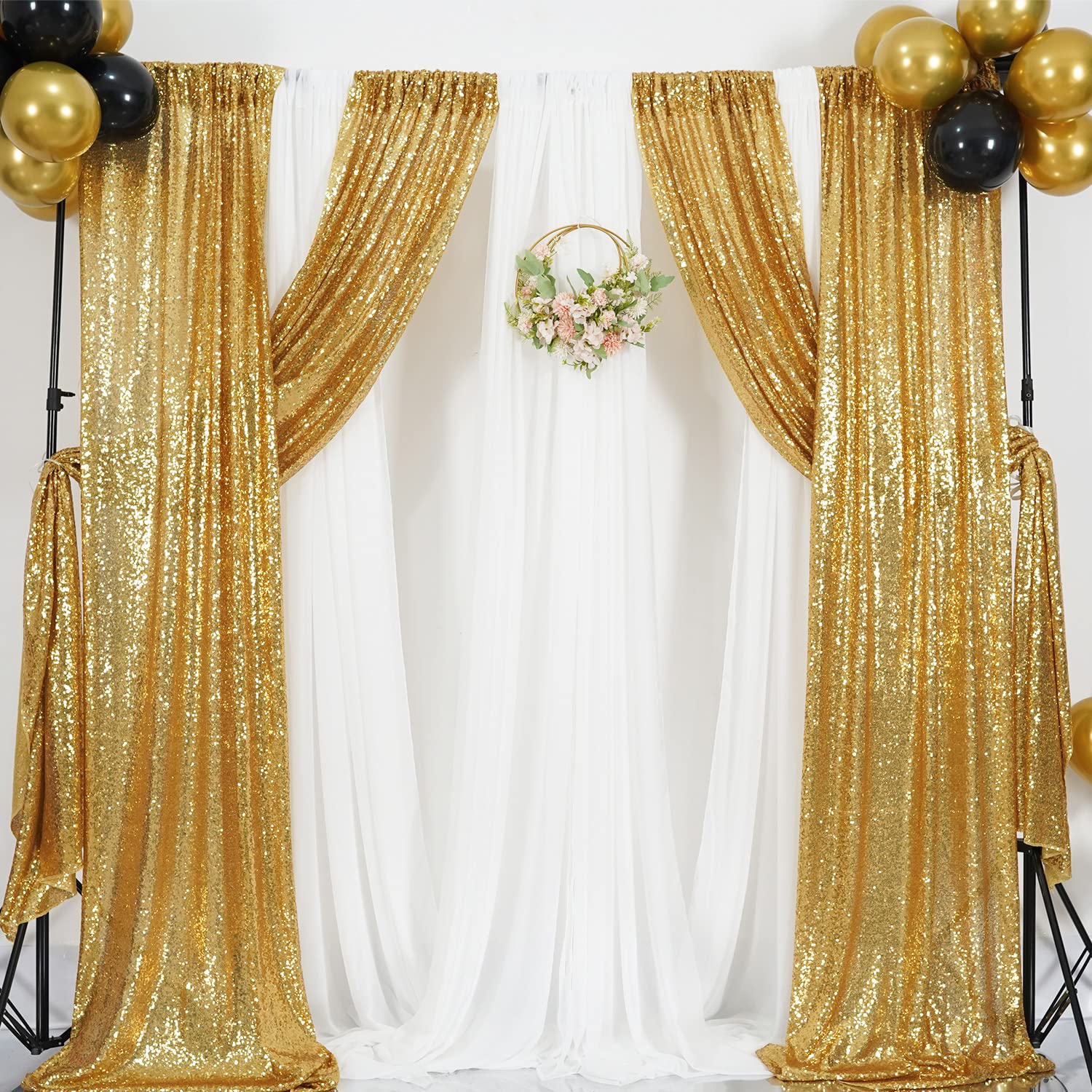 Poise3EHome Gold Sequin Backdrop Curtains, 4 Panels Gold Sequin Backdrop, 2FTx8FT Sequin Curtains for Party Wedding Sequence Backdrop