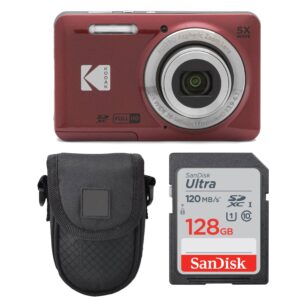 kodak pixpro fz55 digital camera (red) + point & shoot camera case + sandisk 128gb sdxc memory card