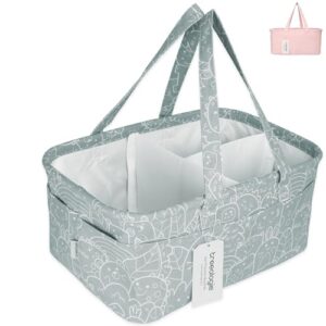 baby diaper caddy organizer basket for nursery changing table - car storage bin tote bag for nappy, diapers, and wipes - newborn registry shower gift for girl and boy must haves - travel bin (gray)