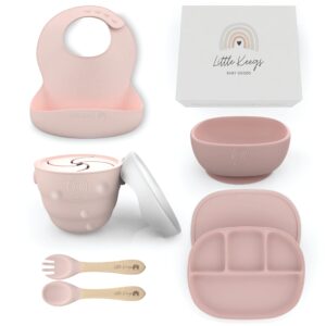 little keegs baby feeding set - baby must haves gift set - baby led weaning supplies - toddler silicone dishes - suction baby bowl, bib, snack cup, utensils, baby plate set of 8 (pink)