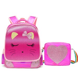dorlubel school backpack for girls, kids backpack children’s school bag cat face diamond glitter bookbags for elementary (rose cat set)