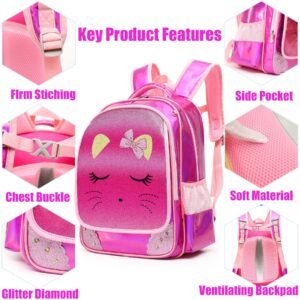 Dorlubel School Backpack for Girls, Kids Backpack Children’s School Bag Cat face Diamond Glitter BookBags for Elementary (Rose Cat Set)