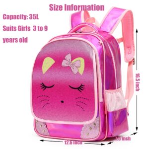 Dorlubel School Backpack for Girls, Kids Backpack Children’s School Bag Cat face Diamond Glitter BookBags for Elementary (Rose Cat Set)