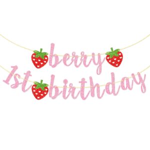 berry first birthday banner, glitter strawberry banner, 1st birthday decor (pink)