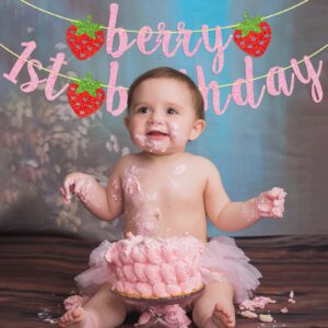 Berry First Birthday Banner, Glitter Strawberry Banner, 1st Birthday Decor (Pink)