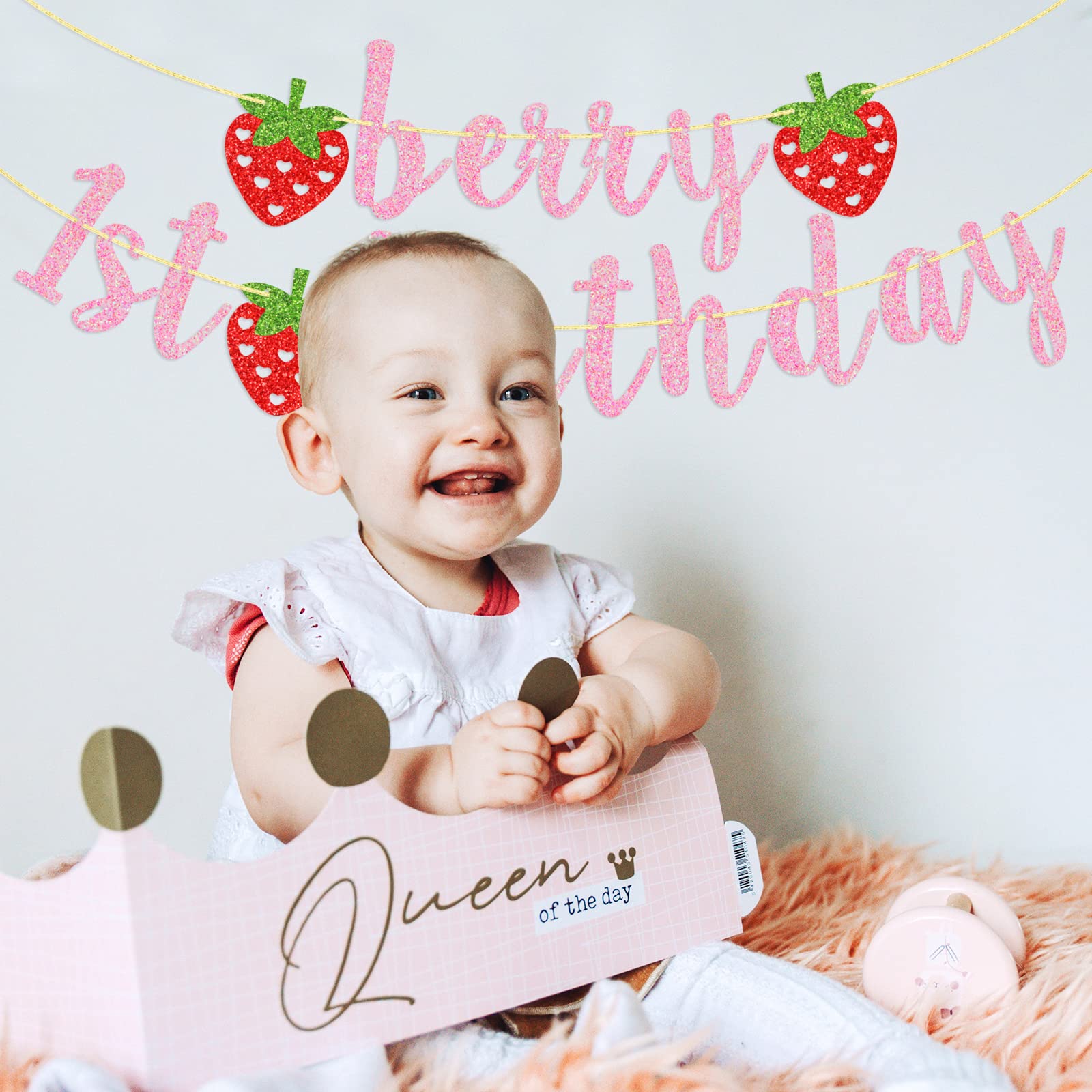 Berry First Birthday Banner, Glitter Strawberry Banner, 1st Birthday Decor (Pink)