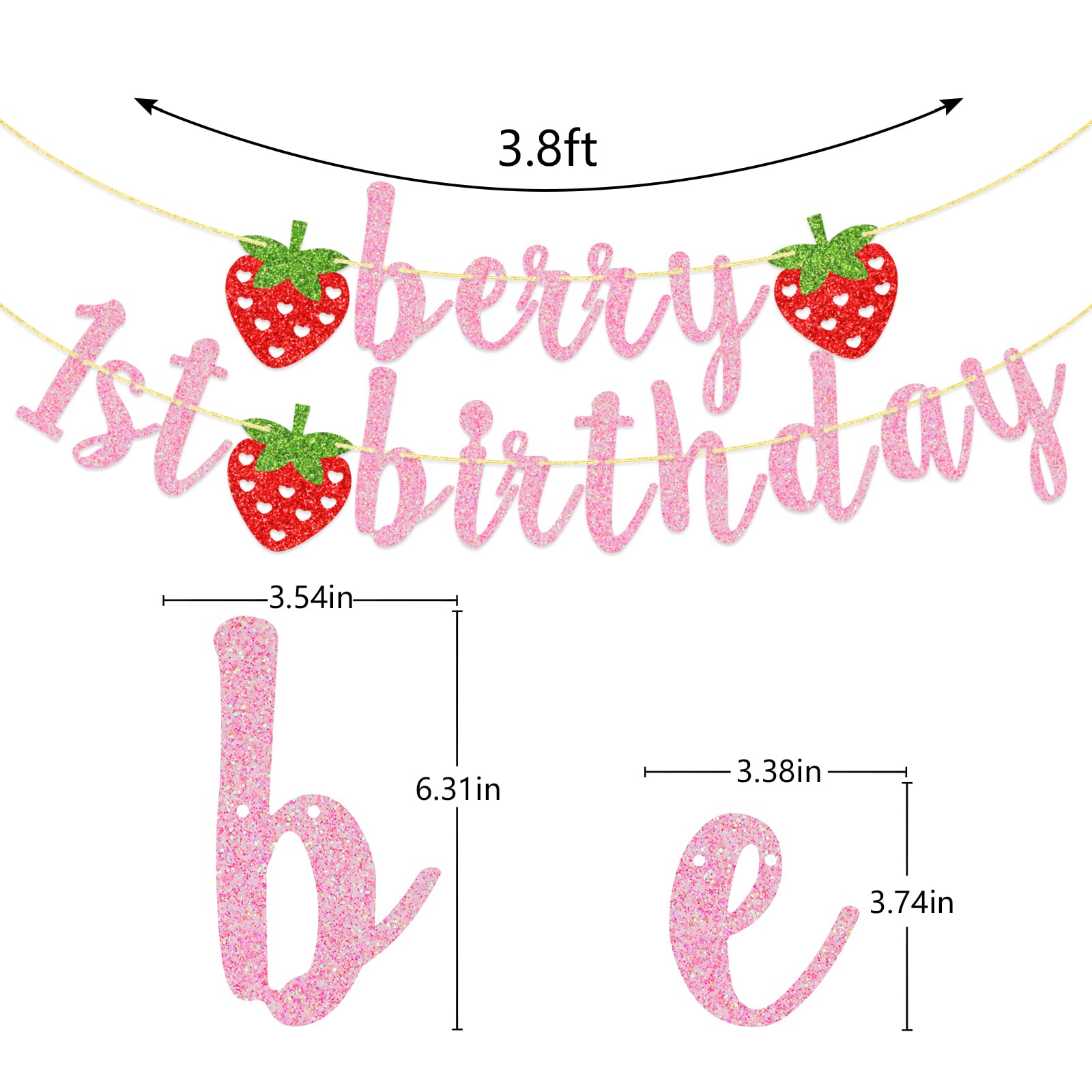 Berry First Birthday Banner, Glitter Strawberry Banner, 1st Birthday Decor (Pink)